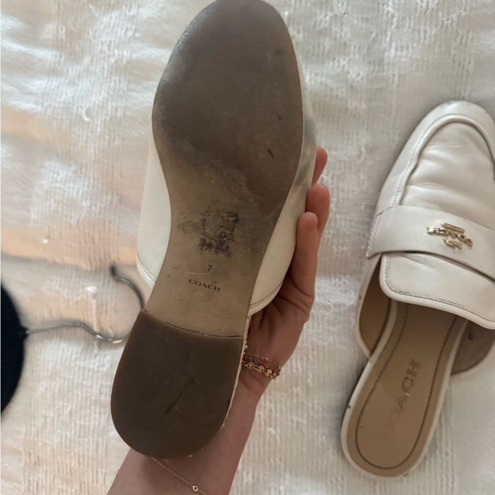 Coach White Leather Backless Loafers with Gold Logo - Picture 4 of 5